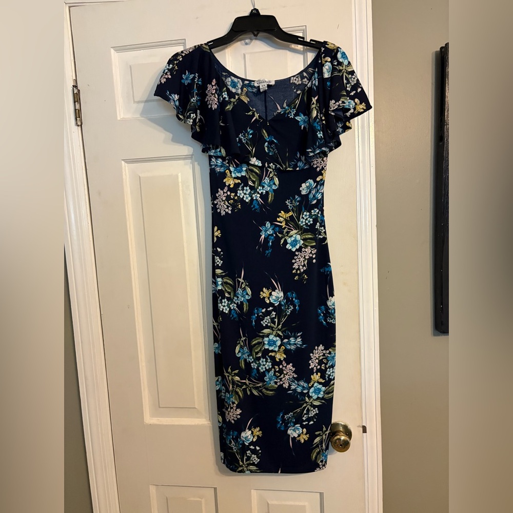 Unique Vintage Blue and Yellow Off-Shoulder Sheath Dress
